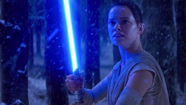 A screenshot shows Rey holding a blue lightsaber in Force Awakens. 