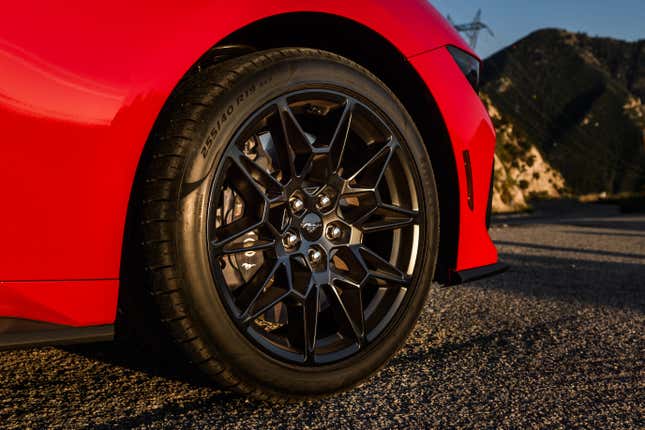 The 19 inch wheels on the 2024 Ford Mustang GT on Angeles Crest Highway In Los Angeles, California.