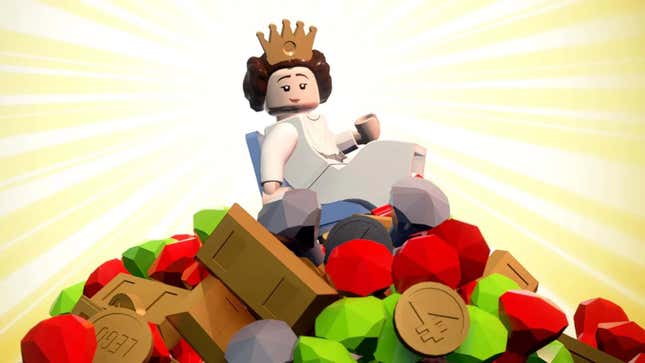 A Lego Princess Leia sitting on top of a large pile of gold, coins, and jewels.