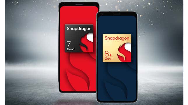 A photo of the two Snapdragon logos on top of two undescriptive phones