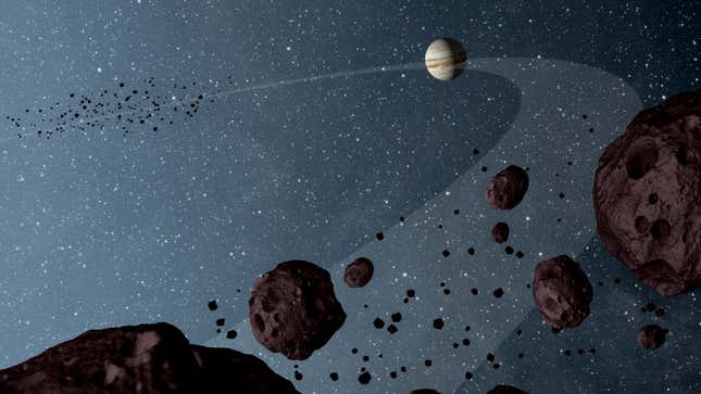 Artist’s depiction of Jupiter and the Trojan asteroids. 