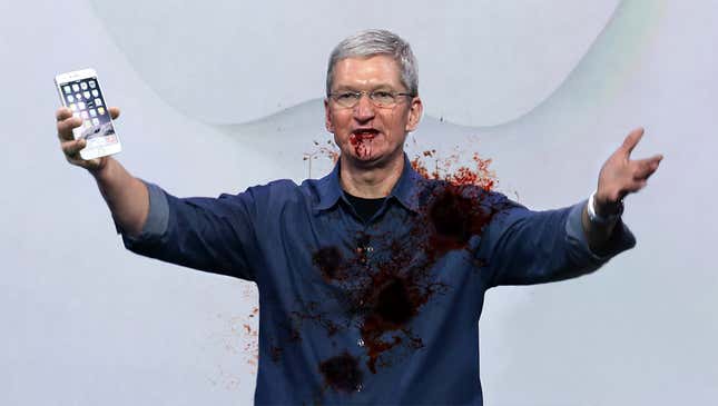 Image for article titled Police Repeatedly Shoot Tim Cook After Mistaking iPhone For Gun