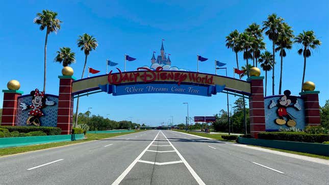 The empty road to Walt Disney World, as seen earlier this month as Florida’s lockdown measures remained in place.