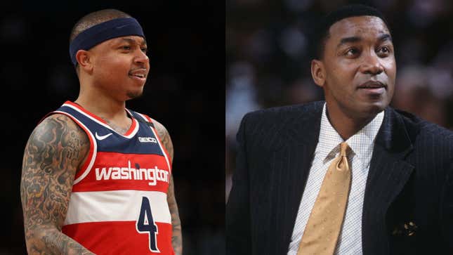 (L-R): Isaiah Thomas #4 of the Washington Wizards looks on against the Denver Nuggets during the first half on January 04, 2020 in Washington, DC. ; Head coach Isiah Thomas of the Indiana Pacers reacts to the NBA game against the New York Knicks in New York City, New York. 
