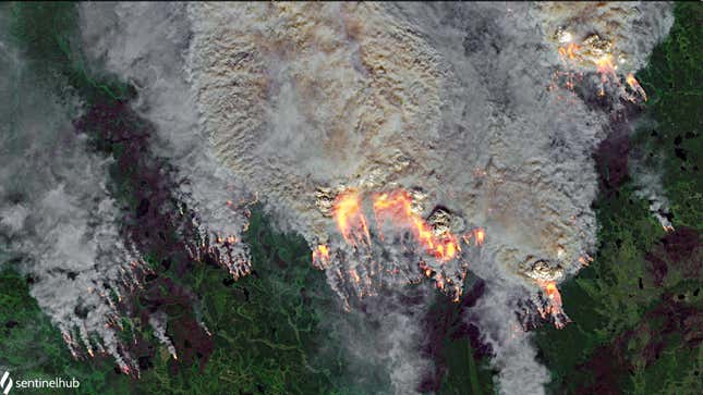 A satellite view of several wildfires burning above the Arctic Circle in the Sakha Republic, Russia.