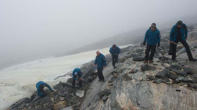 Glacial archaeologists performing fieldwork at Lendbreen, Norway. 