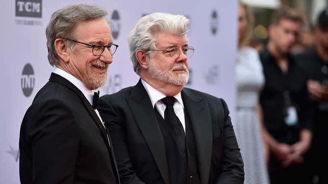 Steven Spielberg and George Lucas at the American Film Institute’s 44th Life Achievement Award Gala Tribute to John Williams on June 9, 2016, in Hollywood. 