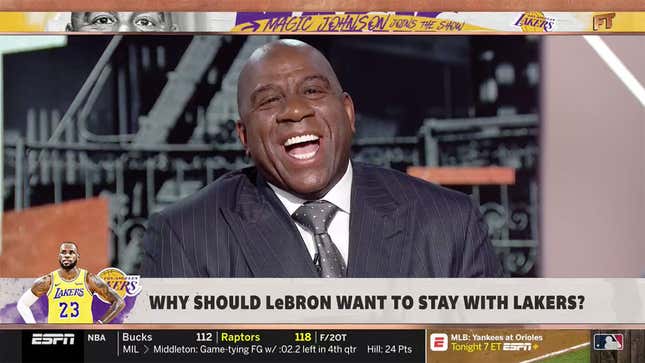 Image for article titled Magic Johnson Visits First Take, Talks A Whole Bunch Of Shit About Lakers GM Rob Pelinka