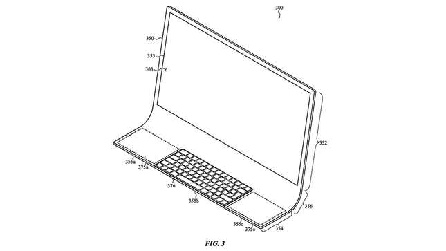 A figure from the patent shows a curved AIO, with built-in dual track pads and keyboard made of glass. 