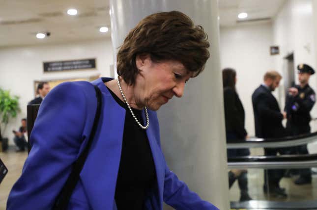 Sen. Susan Collins (R-Maine) arrives at the U.S. Capitol for the Senate impeachment trial on January 28, 2020, in Washington, DC.