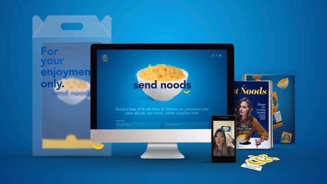 Product shot of Kraft's "send noods" campaign, including stickers, a magazine, and a box of mac and cheese