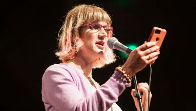 Charlie Jane Anders reads one of her stories at the New Zealand Book Festival.