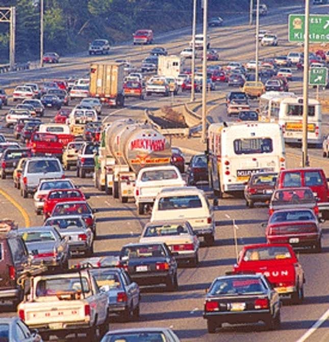 Traffic moves slowly near Seatte, WA, where a majority of drivers say they support other people using mass transit.