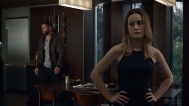Chris Hemsworth and Brie Larson in Avengers: Endgame, maybe trying to figure out just what is happening in the script around their lines.