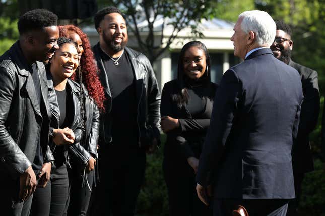 Vice President Mike Pence speaks with members of the Spirit of Faith Christian Center Choir in the Rose Garden following National Day of Prayer event at the White House May 07, 2020 in Washington, DC. The White House invited faith leaders from across the country to participate in the event which was held during the novel coronavirus pandemic. 