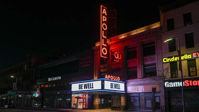 A nighttime view of the Apollo Theater with a marquee that reads “Be Well” as the coronavirus continues to spread across the United States on April 9, 2020 in New York City. 