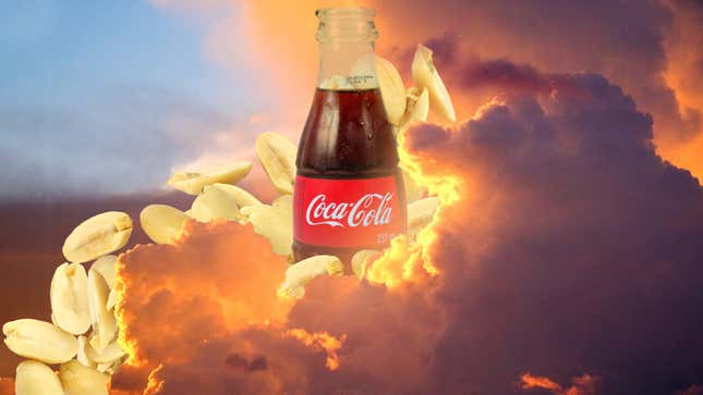 Illustration of a bottle of Coke and a wave of peanuts mingling with heavenly clouds