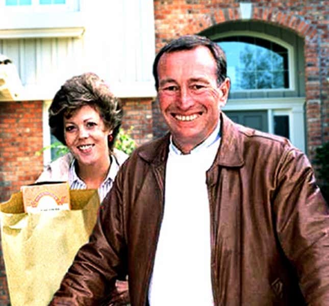 A 1993 photo of alleged "sex for security" scam artist Helen Crandall. Police suspect the groceries she is holding were paid for by her victim, husband David Crandall (right).