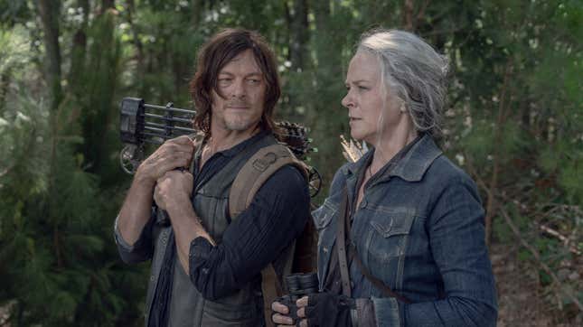 Daryl (Norman Reedus) and Carol (Melissa McBride) discuss the impending war’s guest list.