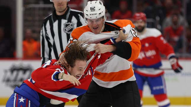 Nicolas Aube-Kubel subdues former Capitals forward Brendan Leipsic with a Vulcan nerve pinch in this photo from February.
