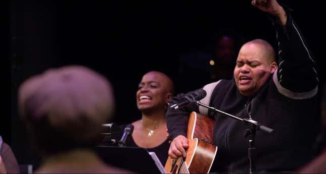 Toshi Reagon, right, leads performers in song in Octavia E. Butler’s Parable of the Sower.