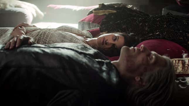 Yennefer (Anya Chalotra) and Geralt (Henry Cavill) share an intimate moment. All images: Netflix.