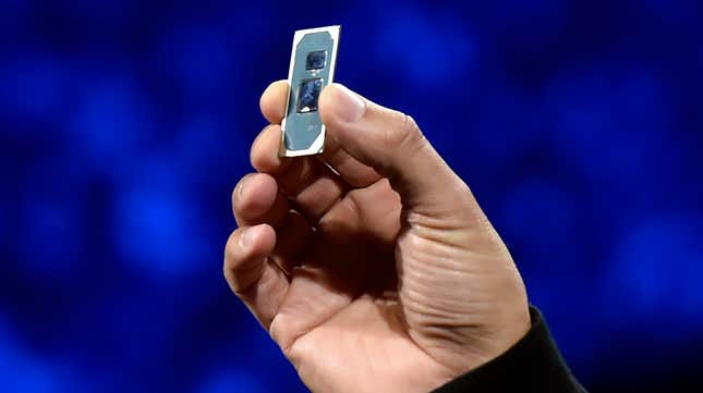 Intel Senior Vice President and General Manager Client Computing Group Gregory Bryant displays an Ice Lake chip during an Intel press event for CES 2019.