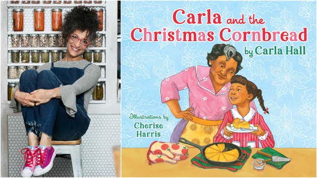 Left: author photo of Carla Hall. Right: Cover of "Carla and the Christmas Cornbread."