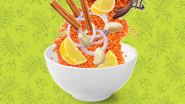 Colorful graphic featuring bowl of lentil soup ingredients