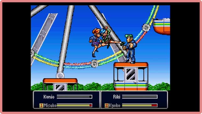 Misako and Kyoko kick a bad guy off the top of a merry go round.
