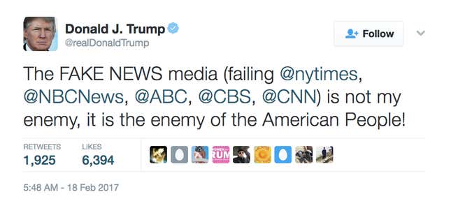 Image for article titled Echoing Chinese dictator Mao Zedong, Trump declares western media the “enemy of the people”