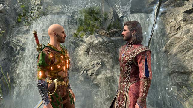 Shep and Gale are shown standing in front of a waterfall.