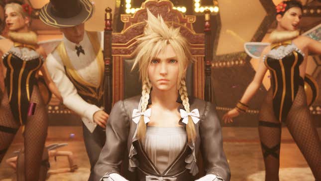 Cloud Strife sitting in a dress at the Honey Bee Inn