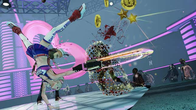 A cheerleader slashes a zombie with a chainsaw in the game Lollipop Chainsaw.
