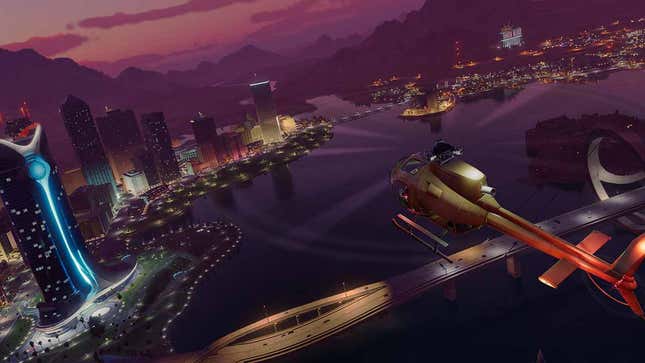 A helicopter flies over a bridge in Saints Row.