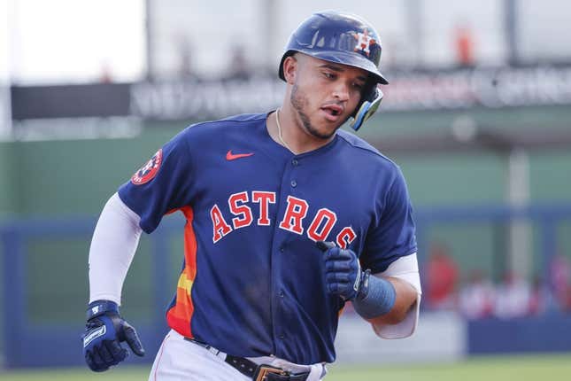 Mar 26, 2023; West Palm Beach, Florida, USA;  Houston Astros catcher Yainer Diaz (21) rounds third base following a grand-slam home run during the second inning against the St. Louis Cardinals at The Ballpark of the Palm Beaches.