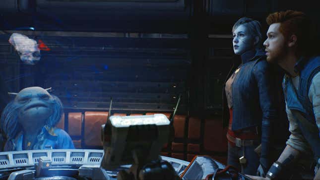 Screenshot showing Cal, Merrin, Grizz, and the BD-1 robot looking at a hologram. 