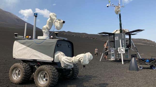 The four-wheeled, two-armed Interact rover spent four days collecting rocks on Mount Etna.