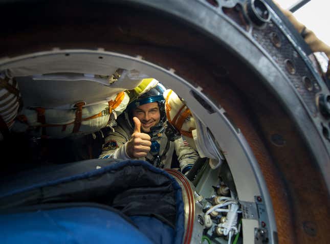 Wiseman inside a Russian-built Soyuz spacecraft shortly after landing, November 10, 2014.