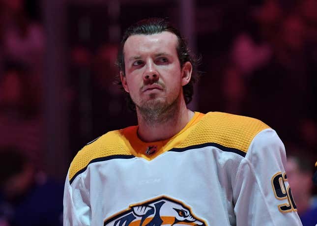 Jan 11, 2023; Toronto, Ontario, CAN;  Nashville Predators forward Ryan Johansen (92) stands during the national anthems before playing the Toronto Maple Leafs at Scotiabank Arena.