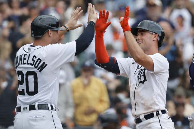 Aug 6, 2023; Detroit, Michigan, USA; Detroit Tigers designated hitter Kerry Carpenter (30) receives congratulations from first baseman Spencer Torkelson (20) after he hits a two run home run in the seventh inning against the Tampa Bay Rays at Comerica Park.