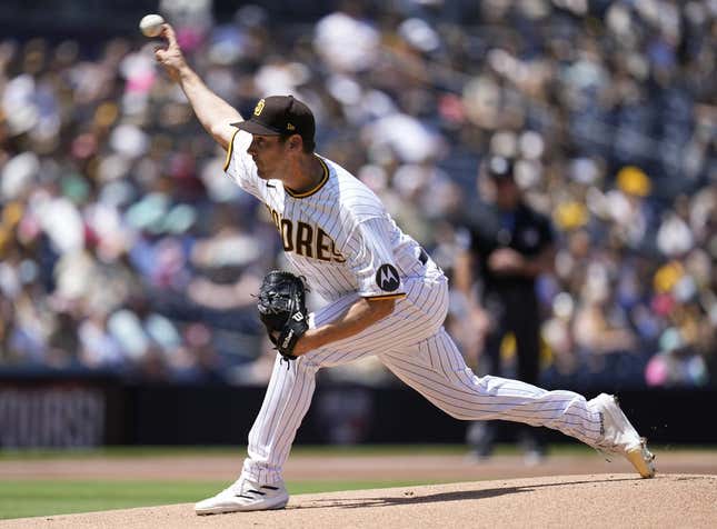 Apr 15, 2023; San Diego, California, USA;  San Diego Padres starting pitcher Seth Lugo (67) throws a pitch against the Milwaukee Brewers during the first inning at Petco Park.