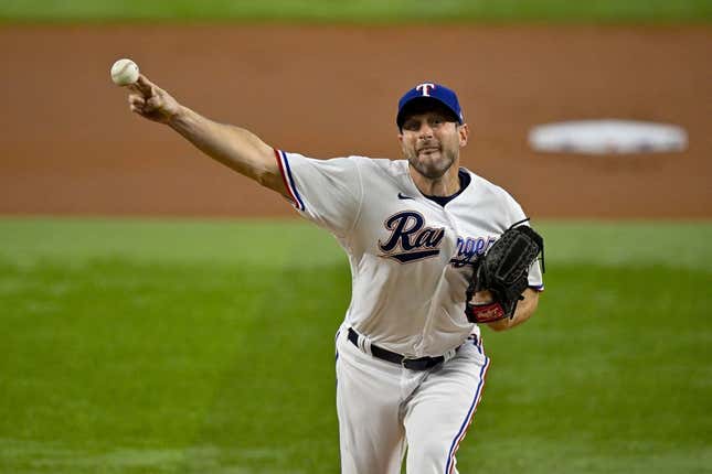 Aug 3, 2023; Arlington, Texas, USA; Texas Rangers starting pitcher Max Scherzer (31) pitches against the Chicago White Sox during the first inning at Globe Life Field.