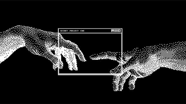 Two digitized hands on a black background touching like Michealangelo's David behind a window box reading secret project exe.