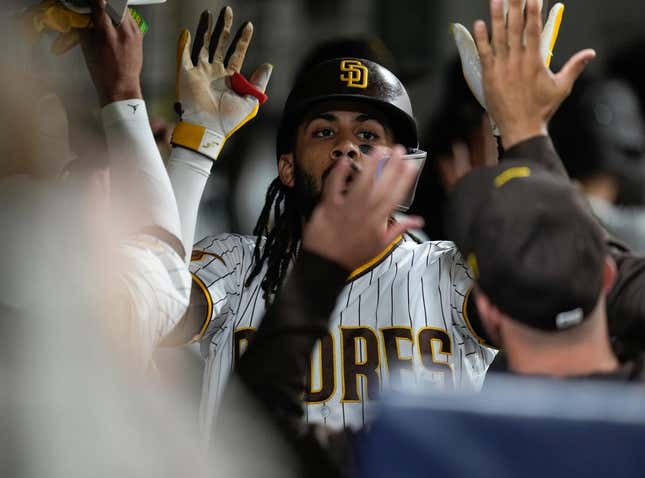 Jun 3, 2023; San Diego, California, USA; San Diego Padres right fielder Fernando Tatis Jr. (23) celebrates his home run against the Chicago Cubs during the eighth inning at Petco Park.