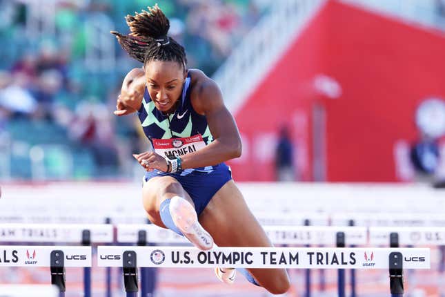 Brianna McNeal competes in the first round of Women’s 100 Meter Hurdles on day 2 of the 2020 U.S. Olympic Track &amp; Field Team Trials at Hayward Field on June 19, 2021