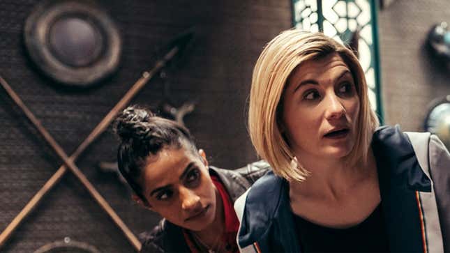 Mandip Gil and Jodie Whittaker look around a corner as Yaz and the 13th Doctor.