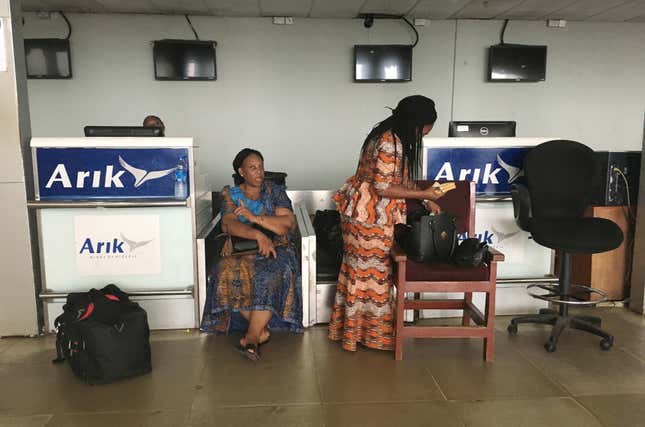 Stranded passengers at a closed Arik Air check-in counter in Lagos during the worker strike last month.