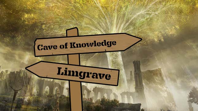 An image of Elden Ring key art depicting the Ert Tree in Limgrave with a cartoon signpost. One arrow points right toward the Cave of Knowledge, while the other points left toward Limgrave. 