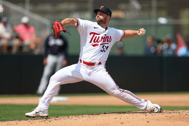 Mar 13, 2023; Fort Myers, Florida, USA;  Minnesota Twins pitcher Danny Coulombe (53) throws a pitch against the New York Yankees in the first inning during spring training at Hammond Stadium.